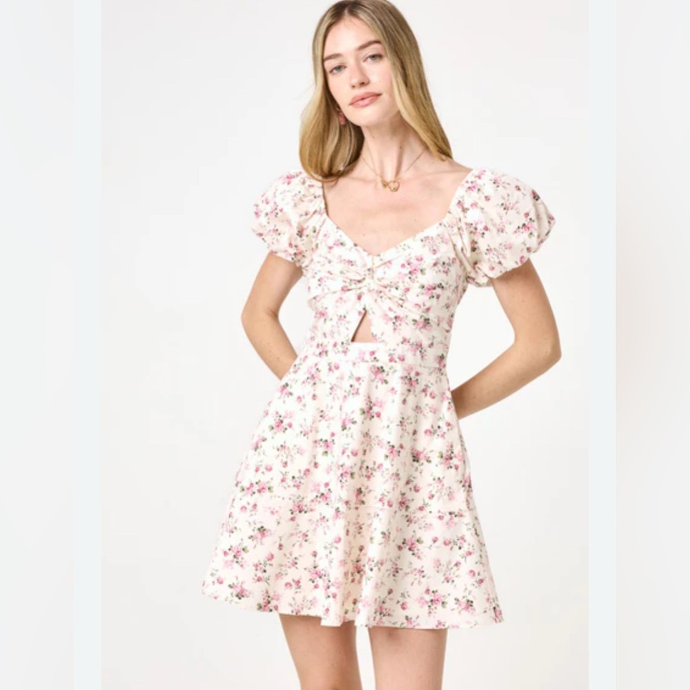 NWT ALTARDโ STATE pink ivory floral puff sleeve twist keyhole mini dress size XL